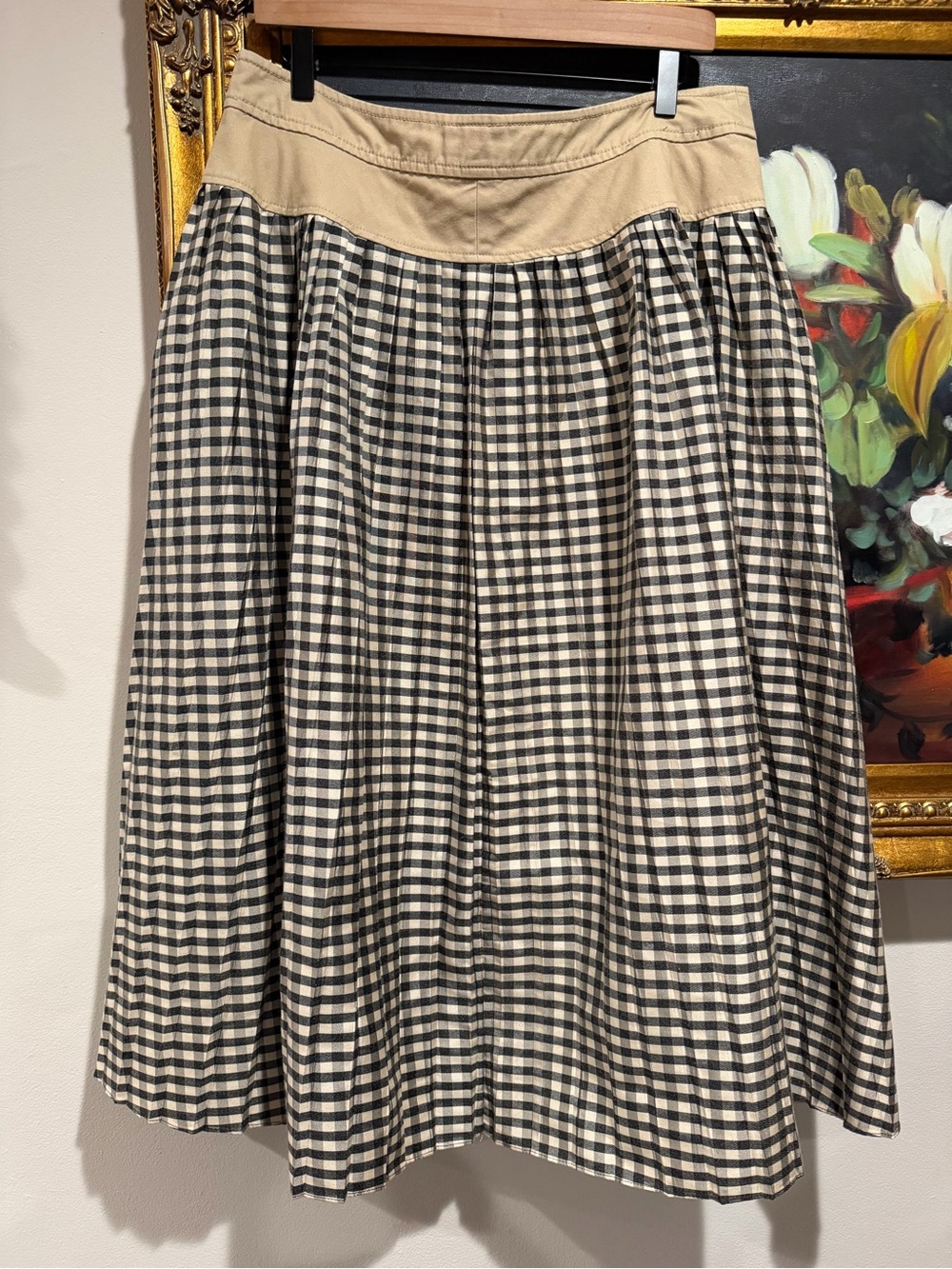 Tanya Taylor Beige Midi Skirt with Black-and-White Gingham Panels - Picture 4 of 7